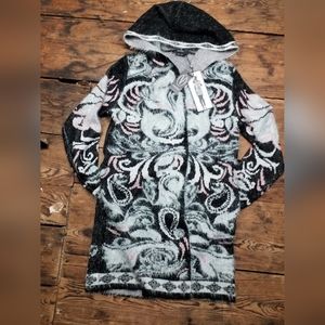 Vertigo Paris Luxurious Fuzzy Long Hooded Cardigan Sweater NWT Black Grey Sz S